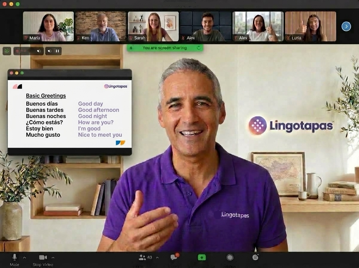 Lingotapas livestream with Manuel, a Spanish greetings lesson, and participants